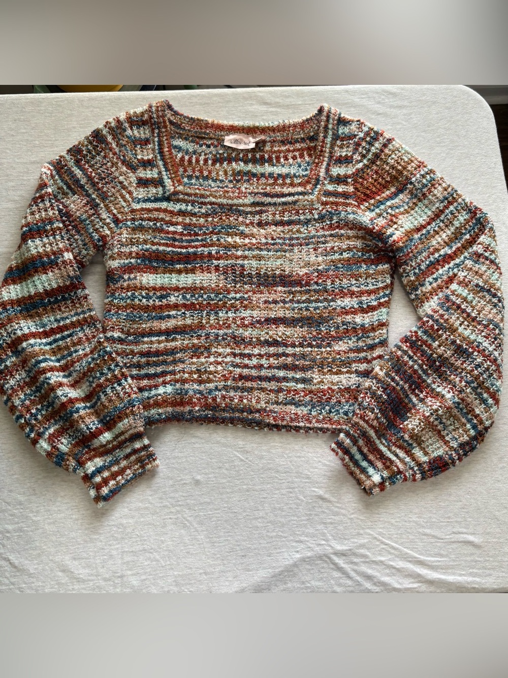 Willow + Root Space Dye Knit Cropped Sweater S Boho Square Neck Balloon